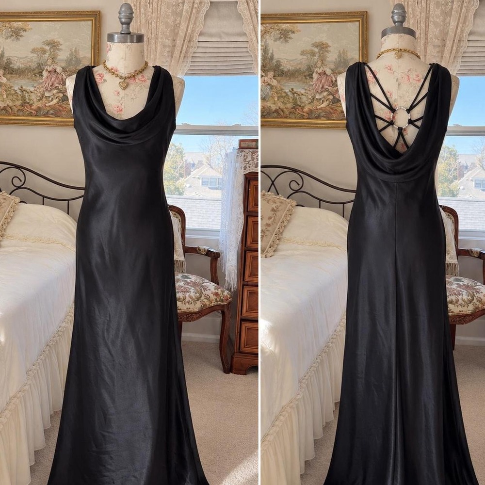 black gothic prom dress  vintage black gothic silky satin cowl neck ring back